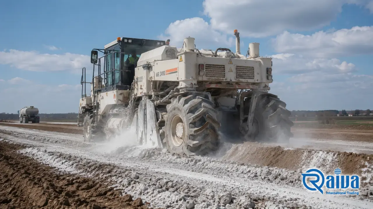 Lime spreading and mixing for clay soil stabilisation on a road subgrade